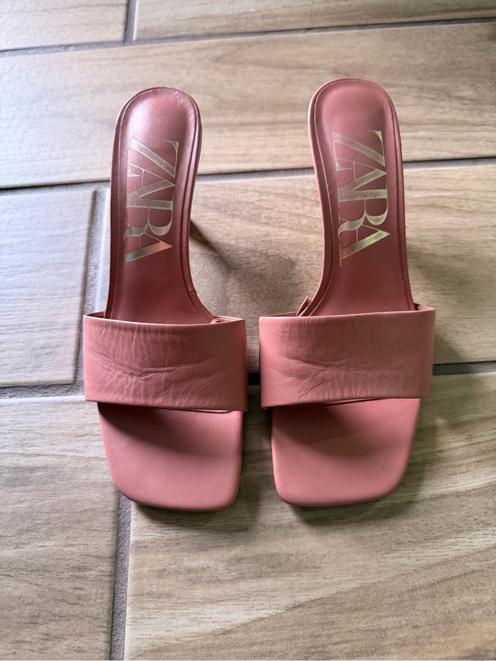 ZARA Women's Dusty Pink Leather Slide Mules